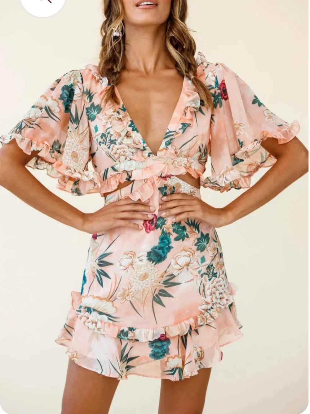 NWT Peach Floral Ruffle Wrap Dress - Picture 3 of 11
